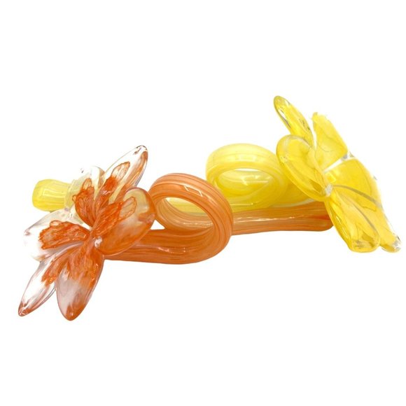 Murano Italian Glass Flower Napkin Ring Set of 6 Holders Yellow Orange & Green - Picture 6 of 15